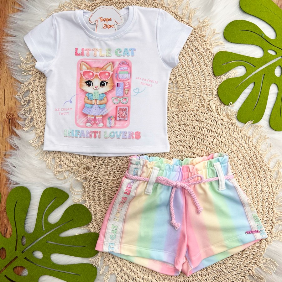 Conj. Blusa Little Cat e Short Arco Íris - Branco 